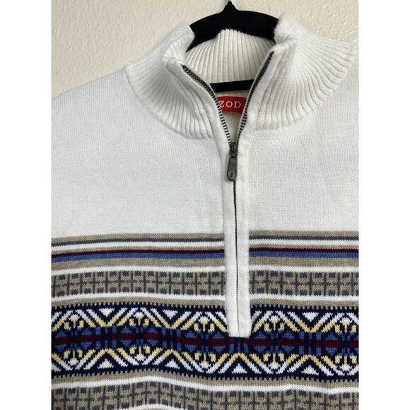 Izod Fair Isle Nordic Sweater Mens size L Quarter Zip Winter Knit White Brown - Picture 7 of 10